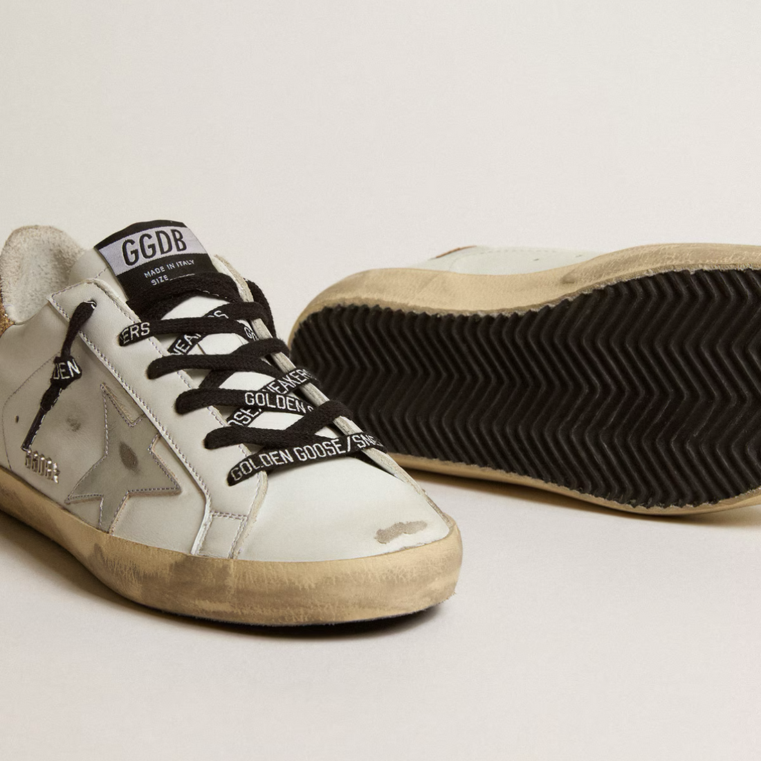 Basket Super-Star Cuir Blanc avec Contrefort Pailleté